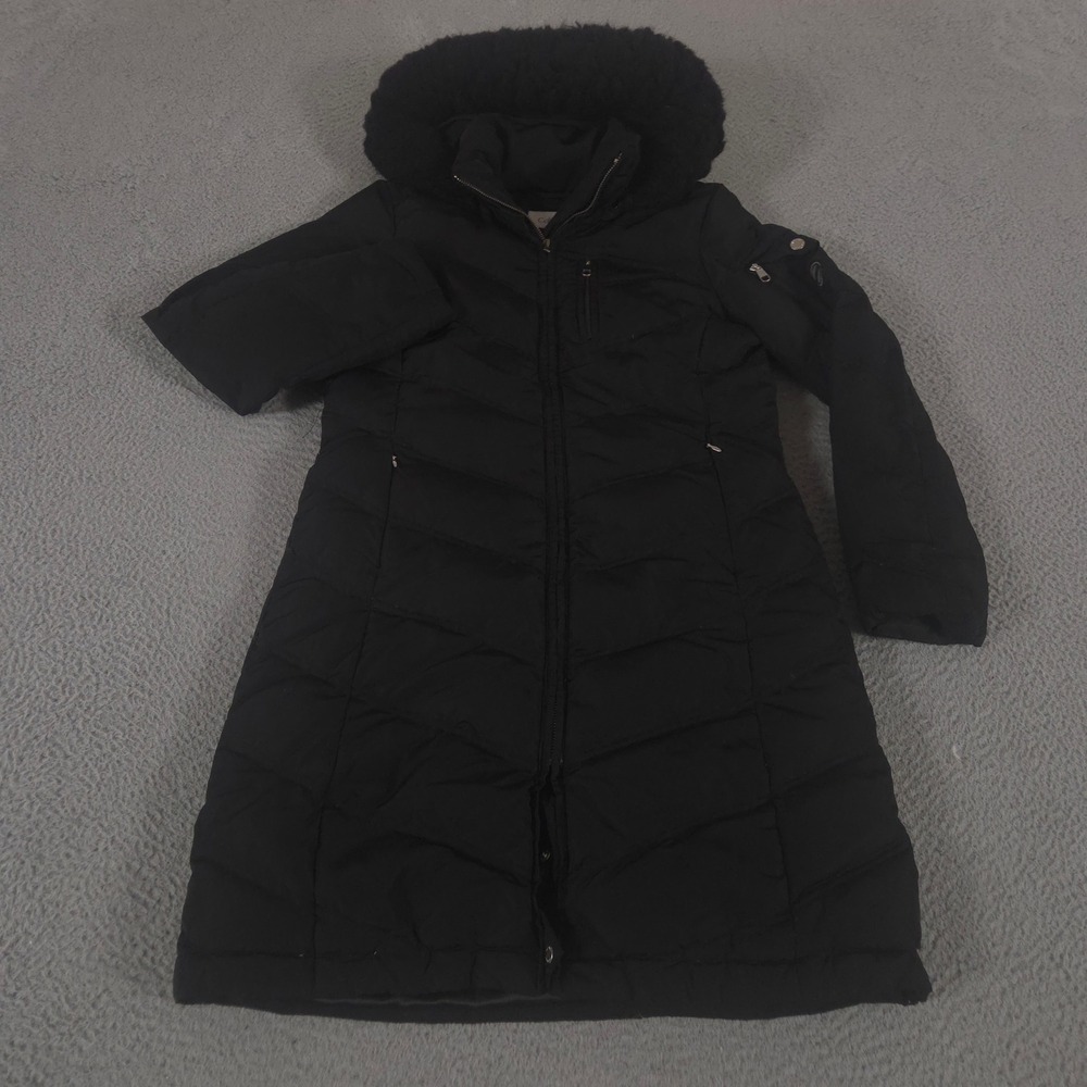 Calvin Klein Jacket Womens S Black Long Quilted Down Puffer Parka Faux Fur Hood